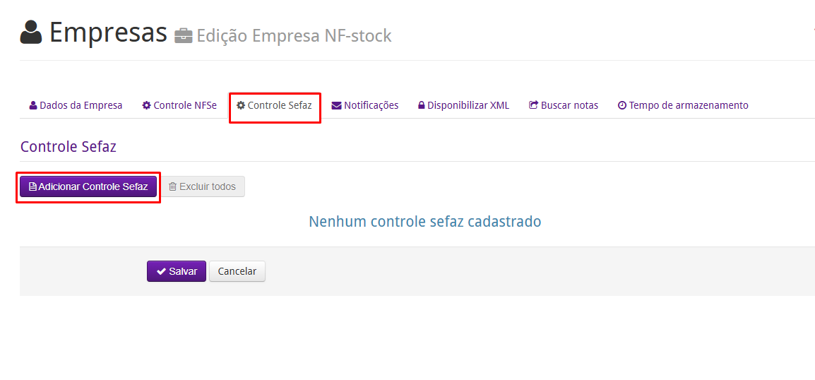 Configuração do Controle Sefaz