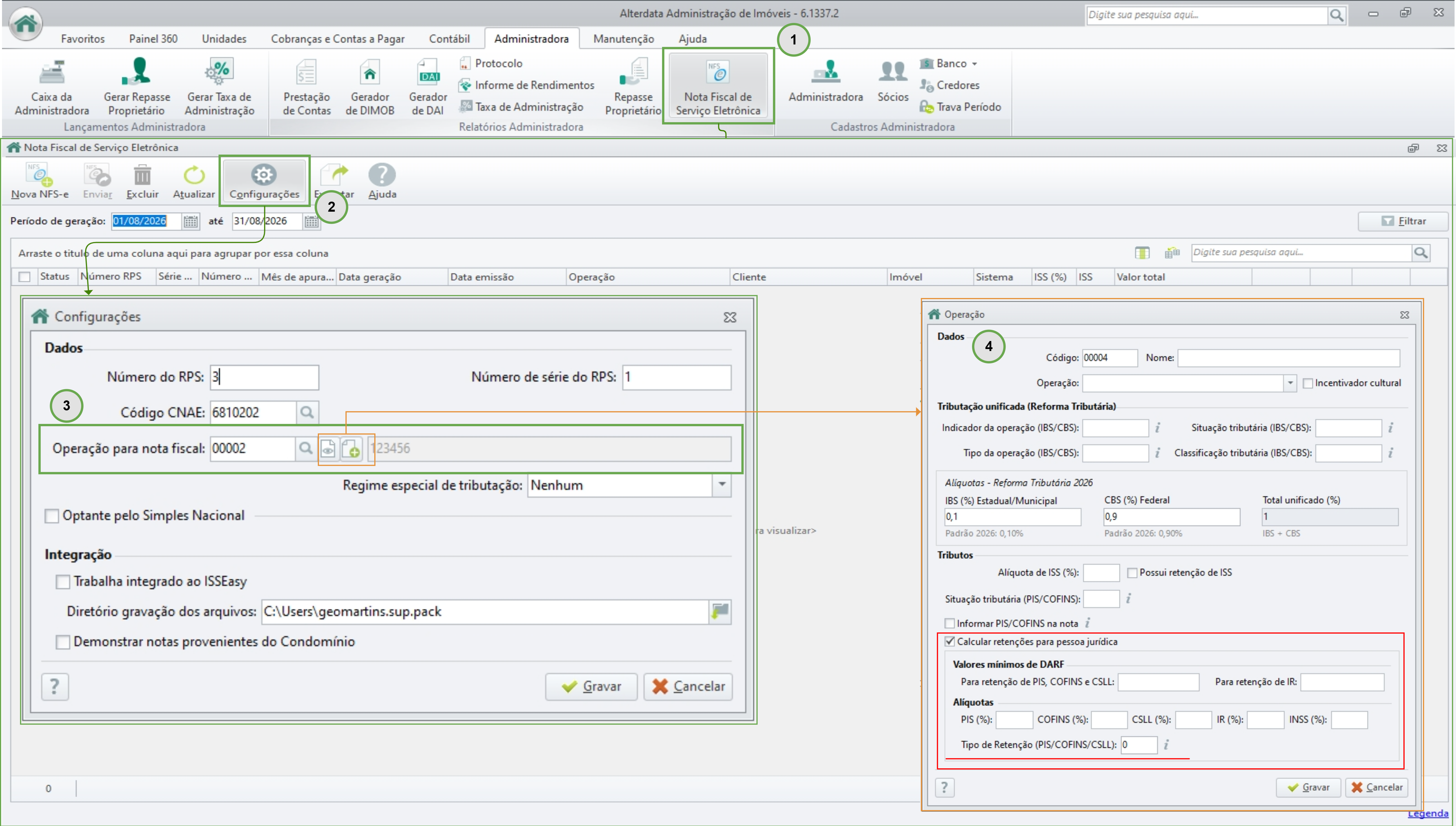 Fluxo de navegação para criar uma nova Operação de NFS-e com as configurações do Tipo de Retenção e limites mínimos de DARF (passos 1 a 4). (Page 1).png