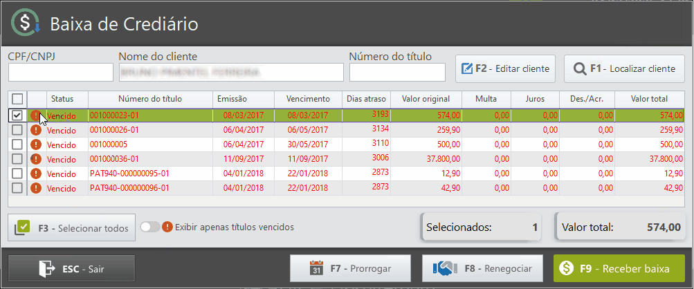 Opções disponíveis para o tratamento dos títulos - Baixa de Crediário Spice.png